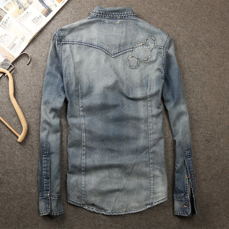 

Vintage Patch Design Denim Men Autumn Fashion Washed Work Long Sleeve Shirts Street Pocket Single Breasted Tops Male