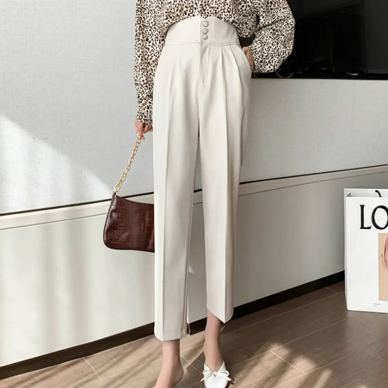 Women Black Buttons Casual Harem Pants 2023 Chic High Waist Pleated New Pant Office Lady Spring Summer Temperament Trousers Pop