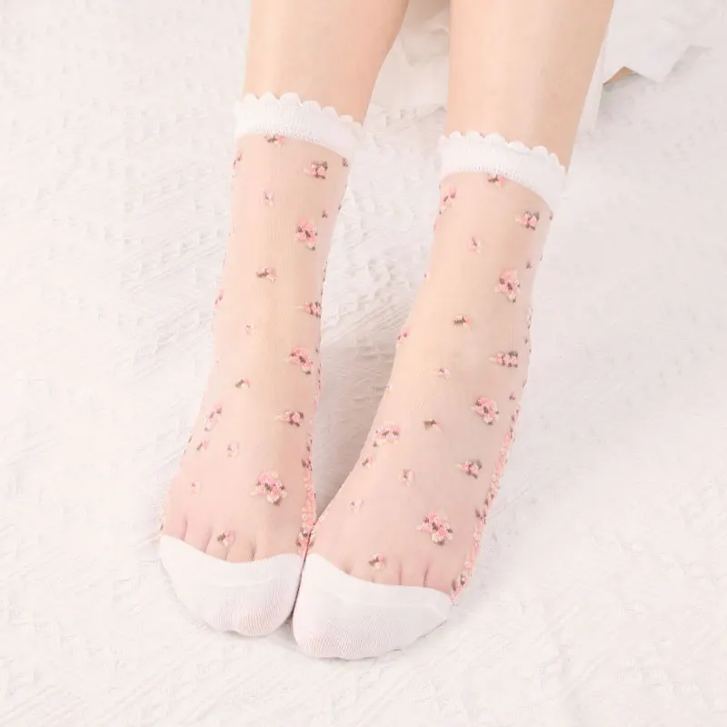 Breathable Ultra Thin Socks Summer Women Transparent Crystal Silk Socks Rose Flower Girls Elastic Short Socks Casual Retro Sock