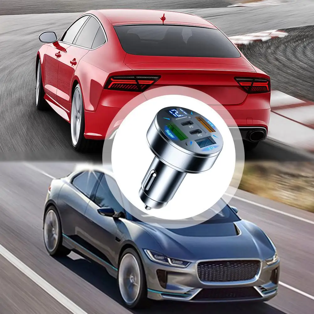 Автомобильное зарядное устройство 5-в-1 с цифровым дисплеем зеленый USB поддержка