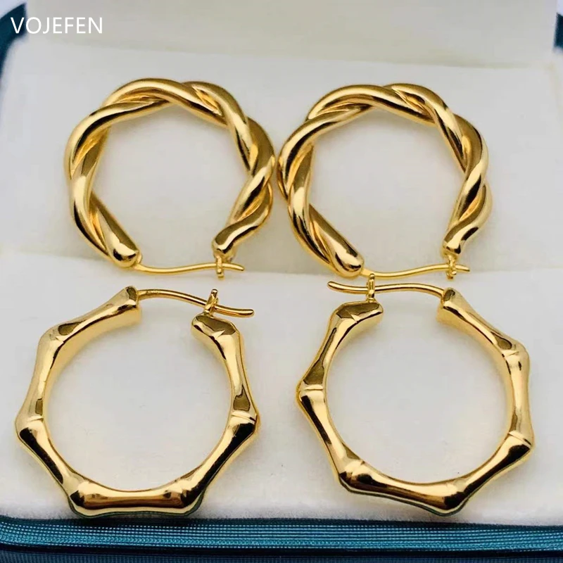

VOJEFEN 18k Hoops Earings Jewel For Women Original AU750 Real Gold Round Earring Circle Luxury Trendy Jewelery Korean Style