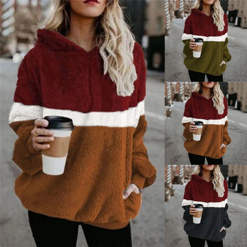 

2021 Autumn and Winter New Products Three-color Tasche Stitching Hooded Thick Warm Pocket Long-sleeved Jacket Women New Casual