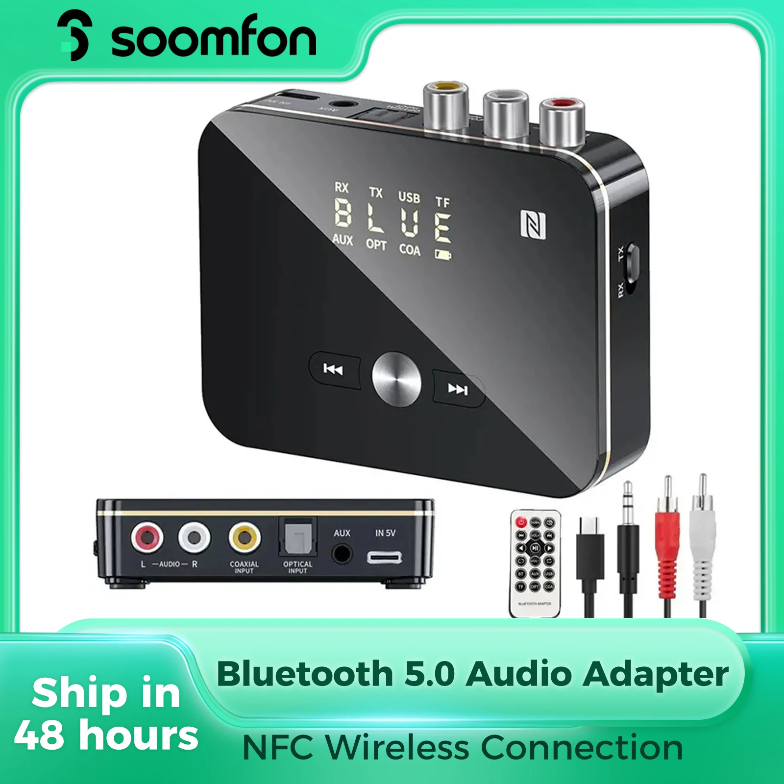 

SOOMFON NFC Bluetooth 5.0 Transmitter Receiver Wireless Audio Adapter for TV PC with 3.5mm RCA Optical Coaxial TF/U Disk Play