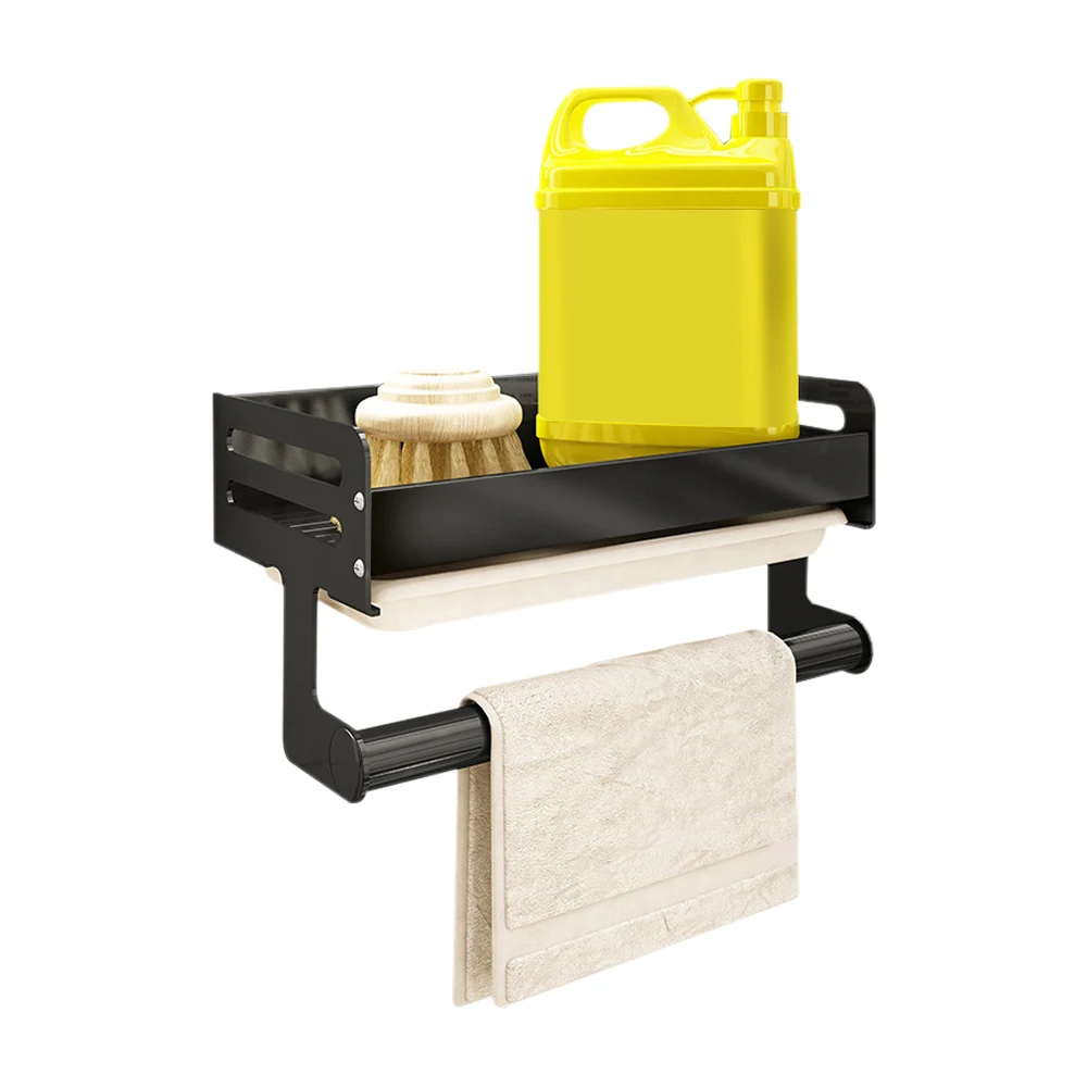 

Kitchen Storage Rack Wall-Mounted Bathroom Shelf Space Aluminum No Punching Sink Organizer Towel Hanger Sponge Holder