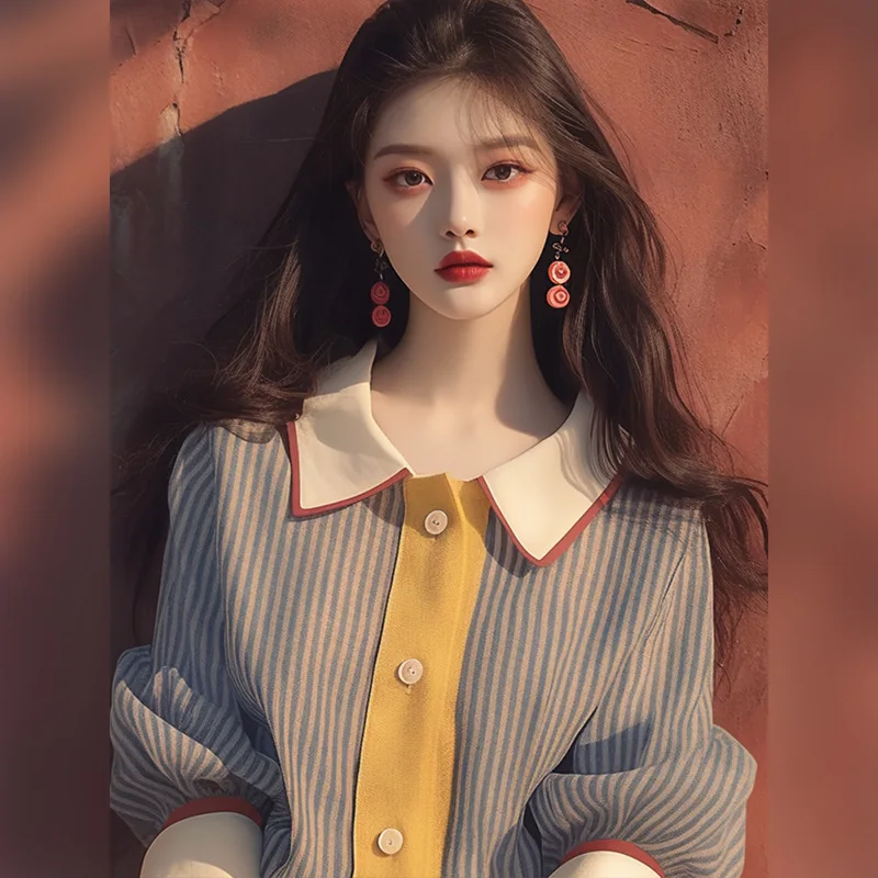 Новинка на раннюю осень Женская однобортная рубашка Boweylun в полоску с рукавом