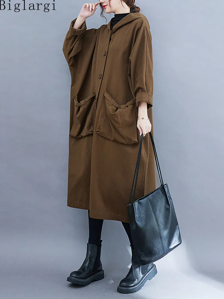 

Oversized Autumn Winter New Hooded Coat Women 2022 Korea Ladies Womens Casual Loose Big Size Trench Hoodeds Black Cotton Coats