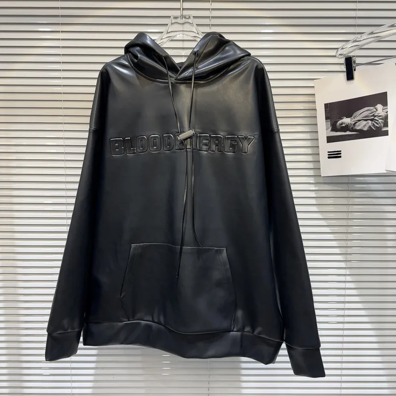 

Зимняя новая коллекция PREPOMP, пуловер с длинным рукавом и принтом букв и кулиской с капюшоном, черный Свободный свитшот из искусственной кожи GM296