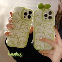 sweet retro green kawaii plush tie bow bear phone case for iphone 13 12 11 pro max xr xs max x 7 8 plus case cute cartoon cover