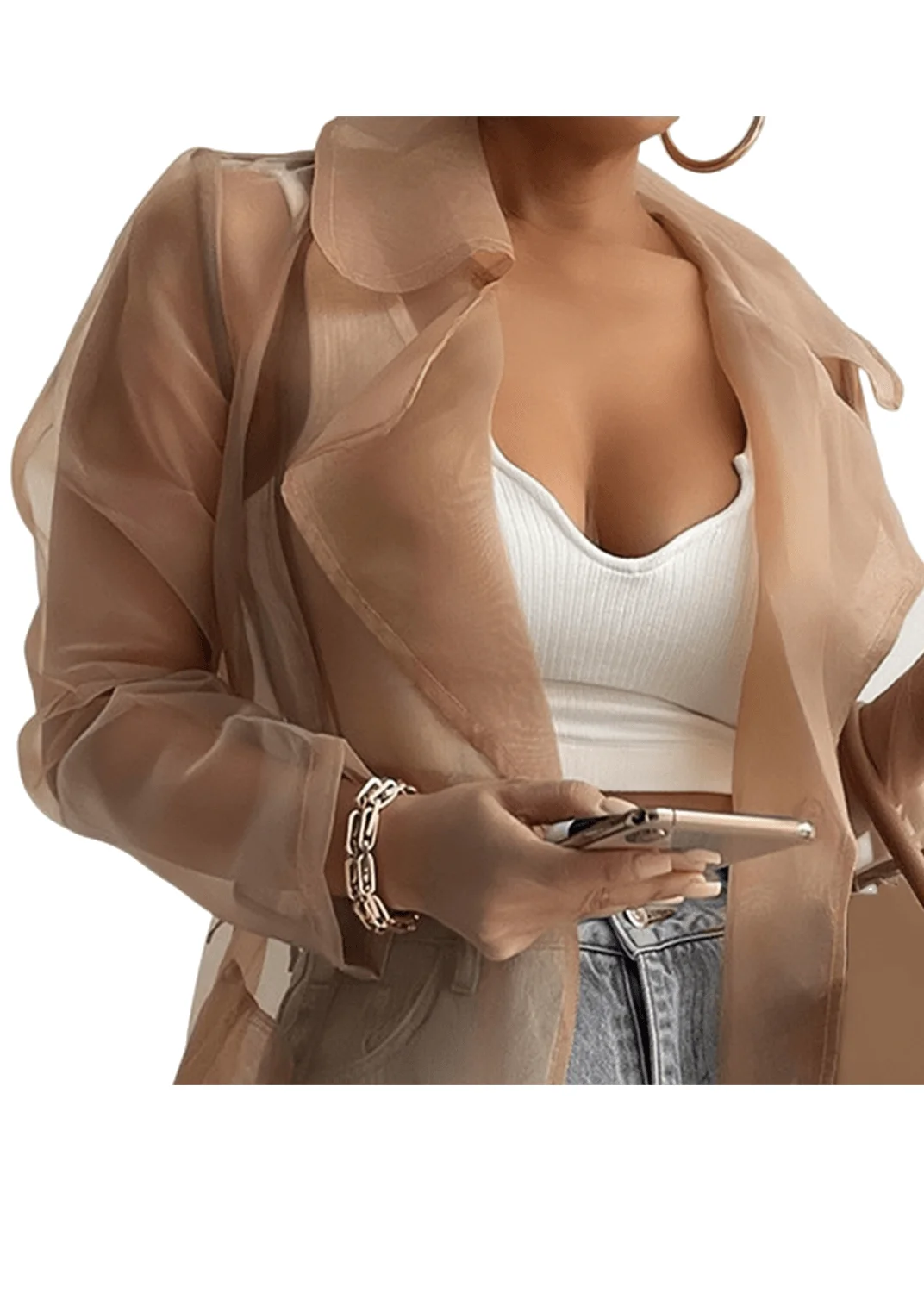 

Женское модное прозрачное уличное пальто с весенней однотонной марлевой сеткой, пальто с длинным рукавом и пряжкой, элегантная рубашка с по...