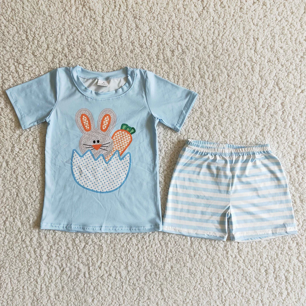 

B11-25 Easter Blue Short Sleeve Rabbits & Carrot Cute Boys Spring Striped Print Shorts T-shirts Popular Kids Clothes Set