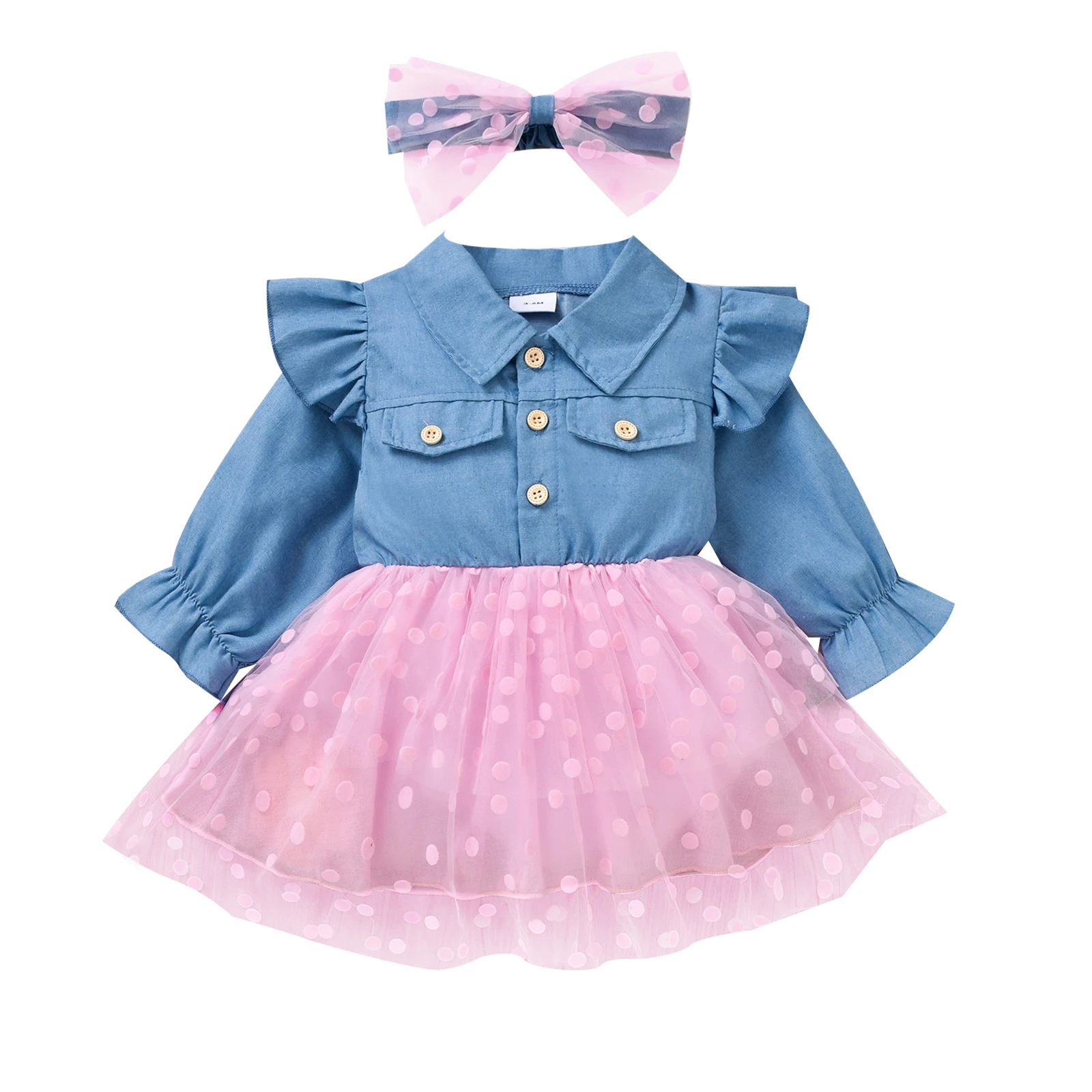 

Lioraitiin 0-3Years Toddler Girls Autumn Patchwork Dress Long Sleeve Turn Down Collar Denim Tulle Dress Headband 2Pcs Outfit