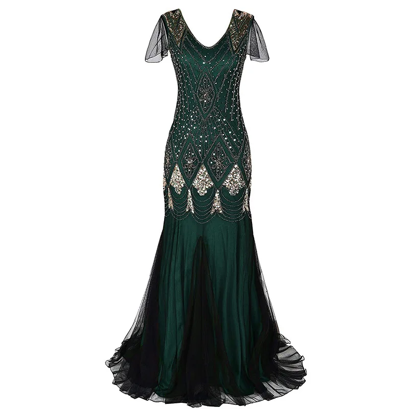 

S-XL Women Gothic Vintage Sequin Full Fringed Deco Inspired Flapper Vestidos Dress Roaring 90s Dark Academia Party Mesh Dress