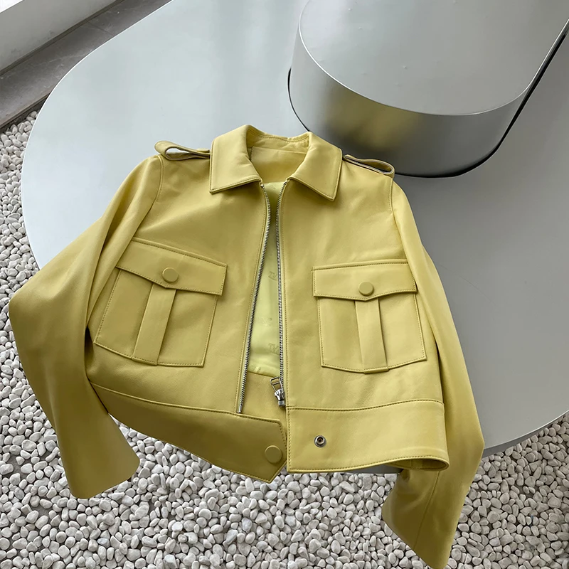 Lady Real Leather Jackets Crop Solid Zipper Bomber Coats Genuine Sheepskin Biker Jacket Short Coat Pocket Fashion Autumn ZM4047