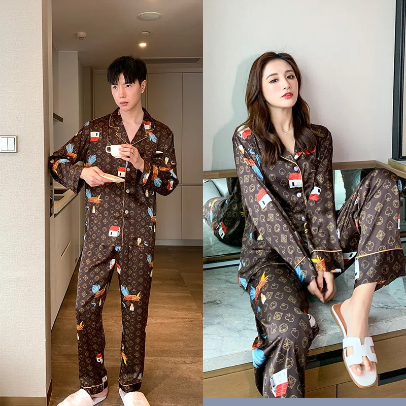 2PCS Pajamas Suit Lovers's Print Nightwear Casual Pijamas Set Sleepwear Satin Intimate Lingerie Nightgown Men Pyjamas Home Wear