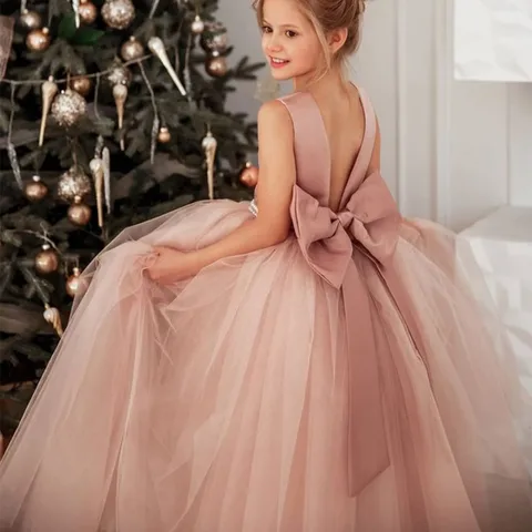 Flower Girls Satin Tulle Princess Pageant Dress for Wedding Kids Pearls Prom Ball Gowns with Bow-Knot  Flower Girl Dresses