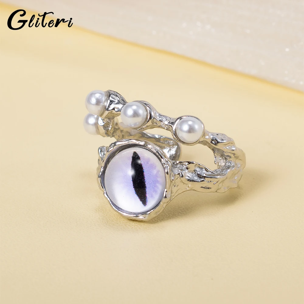 

GEITERI 2023 Neo-Gothic Devil's Eye Open Rings For Women Men Silver Color Pearl Cat's Eye Stone Finger Ring Hiphop Jewelry Party