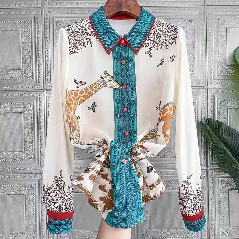 

Women's Printed Lapel Long Sleeve Shirt Button Up Shirt Korean Fashion Camisas De Mujer Blouse
