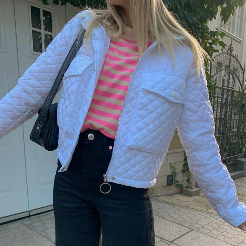 2021 Autumn and Winter New Fashion Temperament Slim-fit Padded Jacket Women's Zipper Pocket Long-sleeved Lapel Padded Jacket