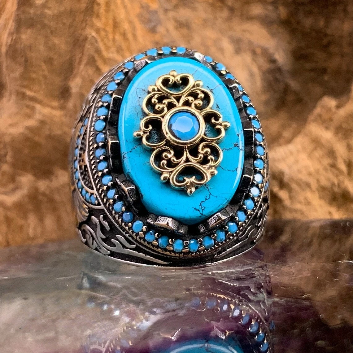 

New Turquoise Gemstone Men's Ring Embossed Pattern Ring New Banquet Jewelry Punk Style Personality Exaggerated Ring