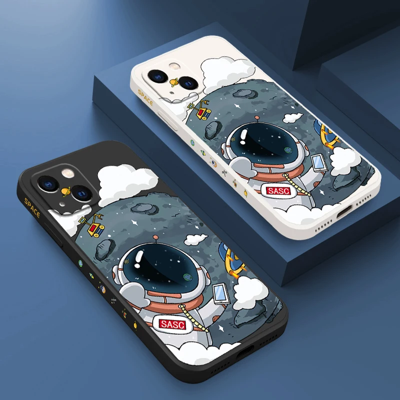 Cartoon Cute Astronaut Square Edge Case For iPhone 14 13 12 11 Pro Max XR XS X 7 8 6 Plus Mini Silicone Bumper Shockproof Cover