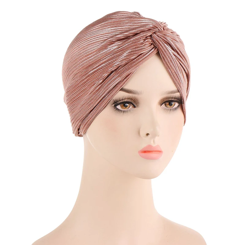 

2022 Metallic Turban Head Wrap Hat For Women Headband Bandana Cap Gold And Silver Color Headscarf Multi-functional Wide-brimmed