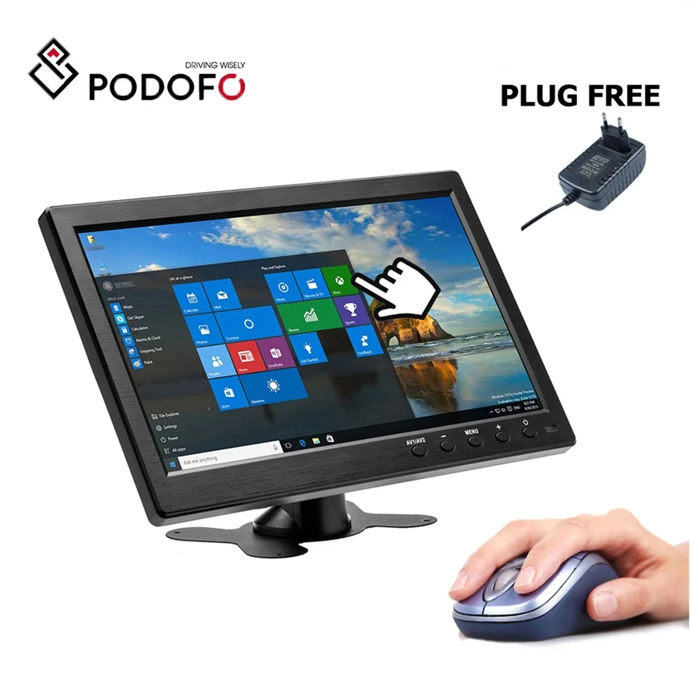 Podofo 10.1" LCD HD PC Monitor Mini TV Computer Display 2 Channel Video Input Portable Security Monitor With Speaker HDMI VGA
