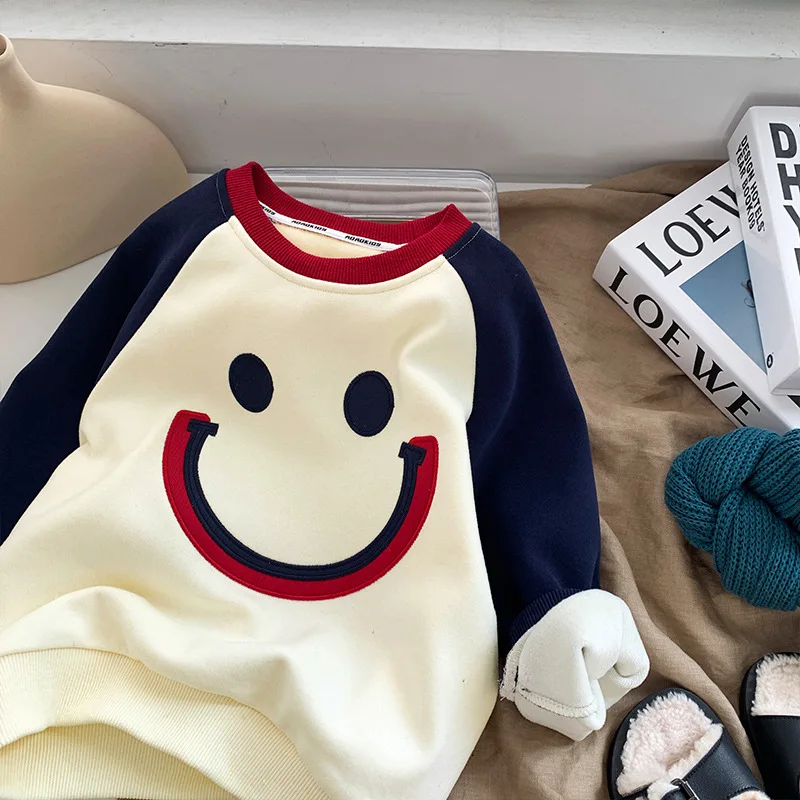

2022 Autumn Winter Fashion Children Plus Fleece Long Sleeve T-shirt Girl Boy Baby Cartoon Smile Tops Kid Cotton Bottoming Shirt