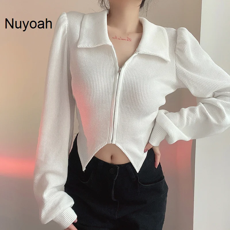 

Женский кардиган, Корейский простой милый Асимметричный заостренный топ на молнии с длинными рукавами, женский кардиган Nuyoah