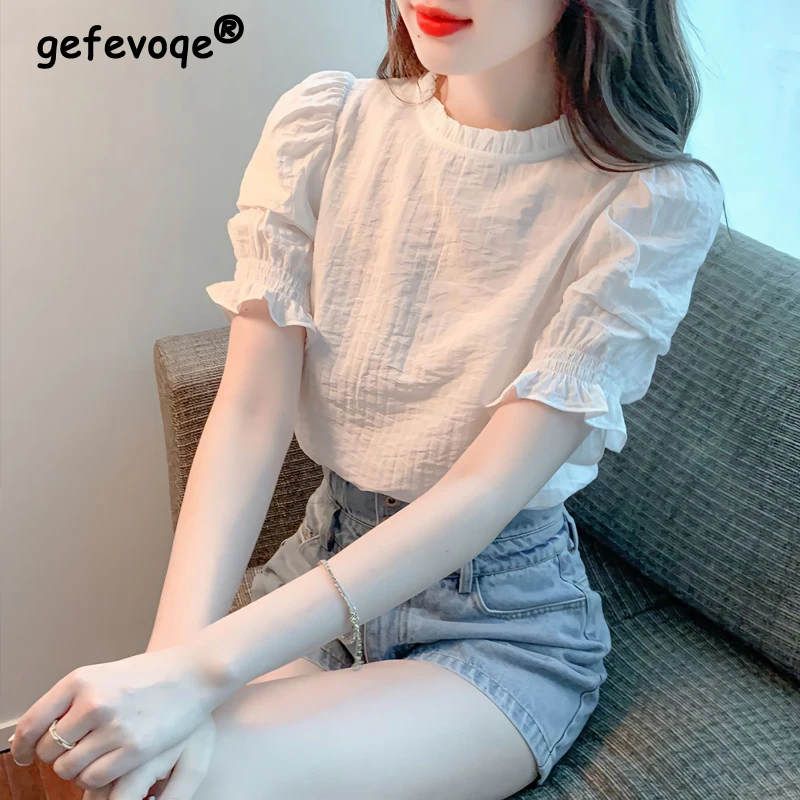 

Women Clothes Ruffled White Sweet Elegant Blouse Summer Trendy Casual Short Sleeve Slim Street Shirts Chic Pullover Chiffon Tops