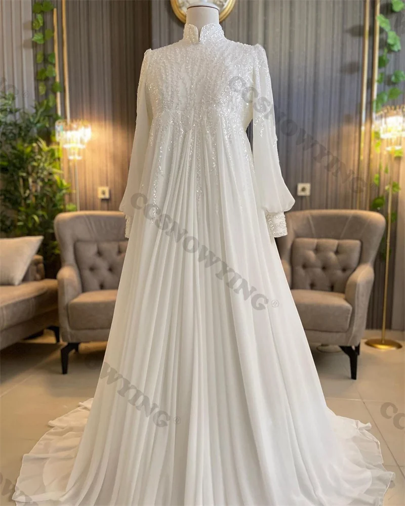 

Elegant Chiffon Appliques Muslim Wedding Dress for Bride Islamic Long Sleeve High Neck Bride Gown Saudi Arabia Robe De Mariée