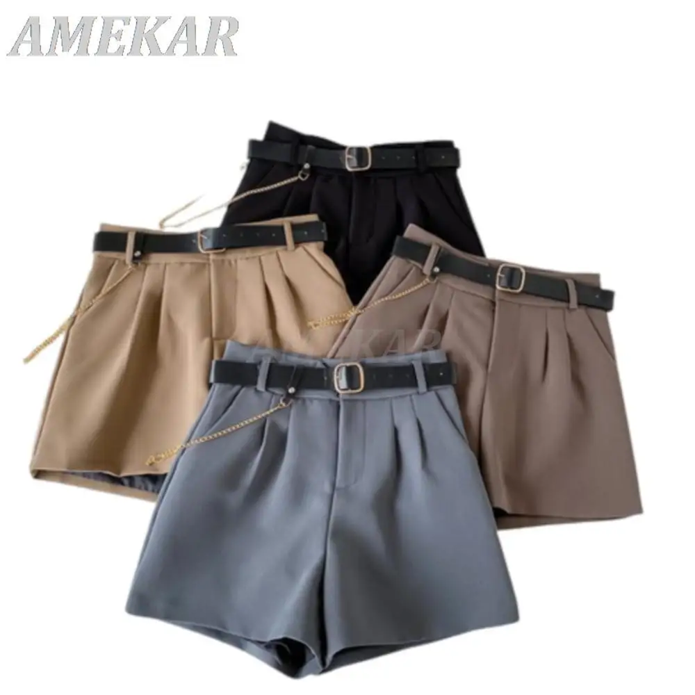 Women's Casual Solid Work Wear Pants Summer Black All-match Thin Loose Wide Leg Shorts Lady High Waist Straight Tube Suit Pants