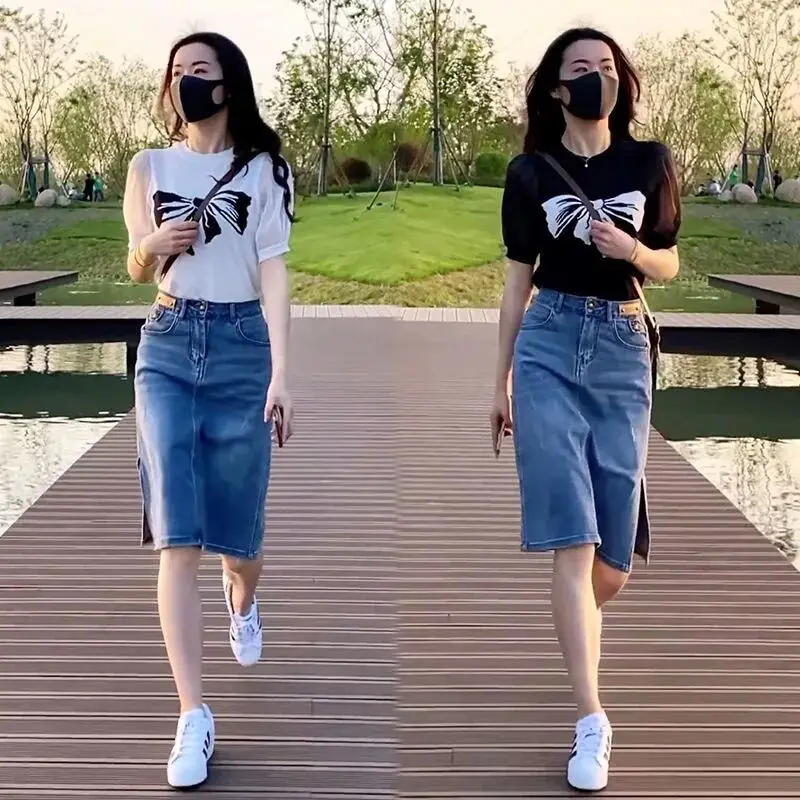 

Sexy Midi Denim Skirts for Women Tight Wrap High Waist Clothing To Knees Length with Slit Womens Jeans Skirt Luxury Fashion Y2k
