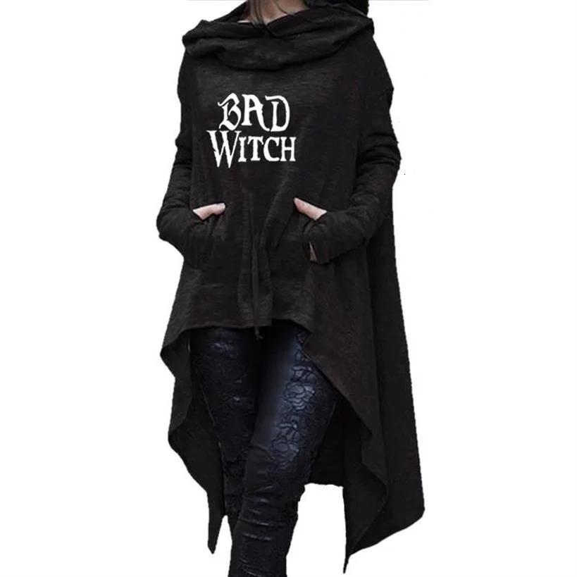 

Halloween Bad Witch Letters Print Long Irregular Hoodies For Women Tops Sweatshirt Femmes Kawaii Loose Clothings dress hoodies