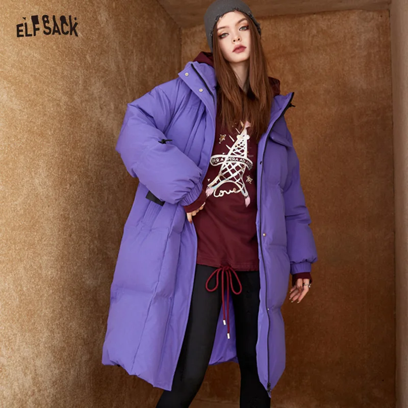 ELFSACK Purple Warm Down Coats Women 2022 Winter Loose Mid-length Casual Coats
