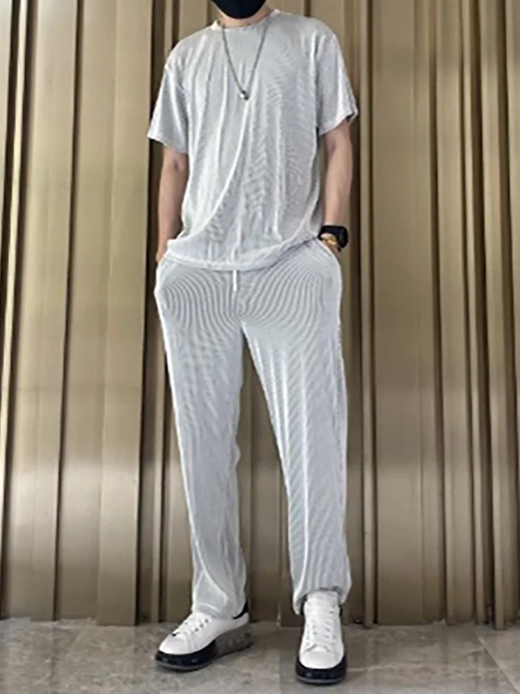 

Fashion O Neck Short Sleeve Tee + Drawstring Design Long Pants Outfits For Mens New Streetwear Summer Casual Two Piece Sets Men