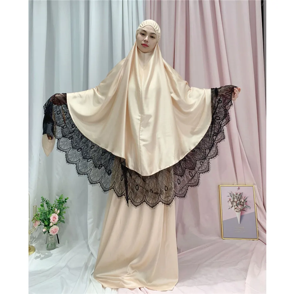 Платье хиджаб мусульманское женское из 2 частей, молитва химар цзилбаб, Абая с кружевами в арабском стиле, одежда для поклонения на Ближнем В...