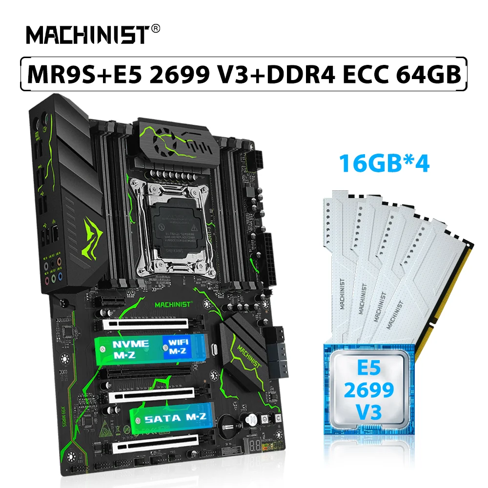 

Комплект материнской платы MACHINIST X99 MR9S LGA 2011-3, процессор Xeon E5 2699 V3 64 ГБ = 4 шт. * 16 Гб ECC DDR4, Память ОЗУ NVME M.2 SATA