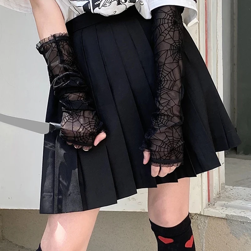 

Harajuku Punk Black Spider Web Gloves Cosplay Women Half Finger Length Sleeve Gothic Fingerless Lace Mesh Mittens Streetwear New