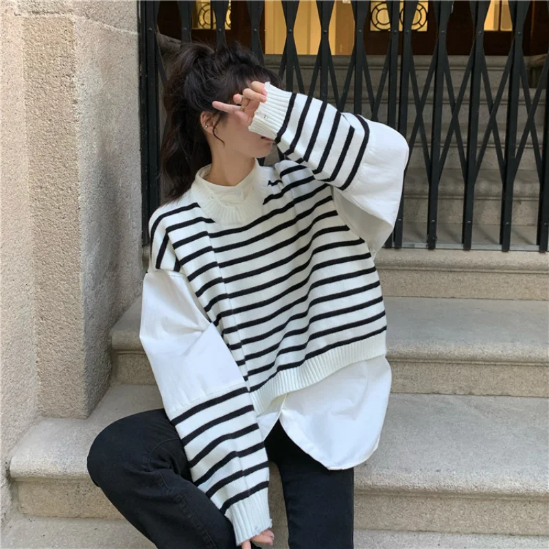 

WDMSNA Korean Two Fake Pieces Shirt Splice Sweater Womens New Round Neck Stripe Jumper Long Sleeve Winter Loose Casual Pullover