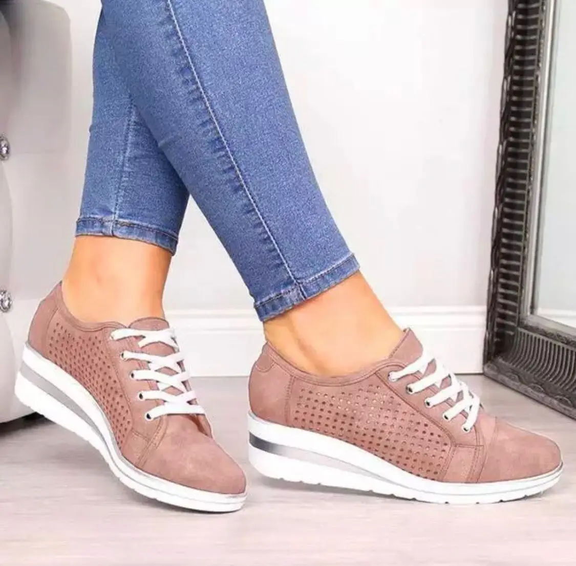 

Women's shoes 2022 hollow out lace Wedge loafers women's round toe slip-on casual sneakers