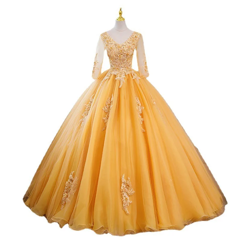 Платье с рукавами-пузырьками цвета шампанского платье V-образным вырезом и