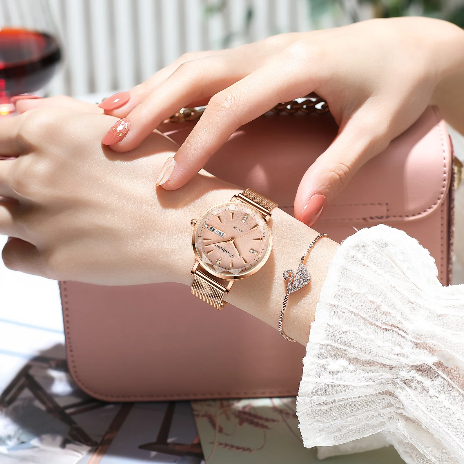 POEDAGAR Fashion Waterproof Luminous Double Calendar Quartz Women's Watch Prism Mesh Strap Versatile Watch Sapphire Glass