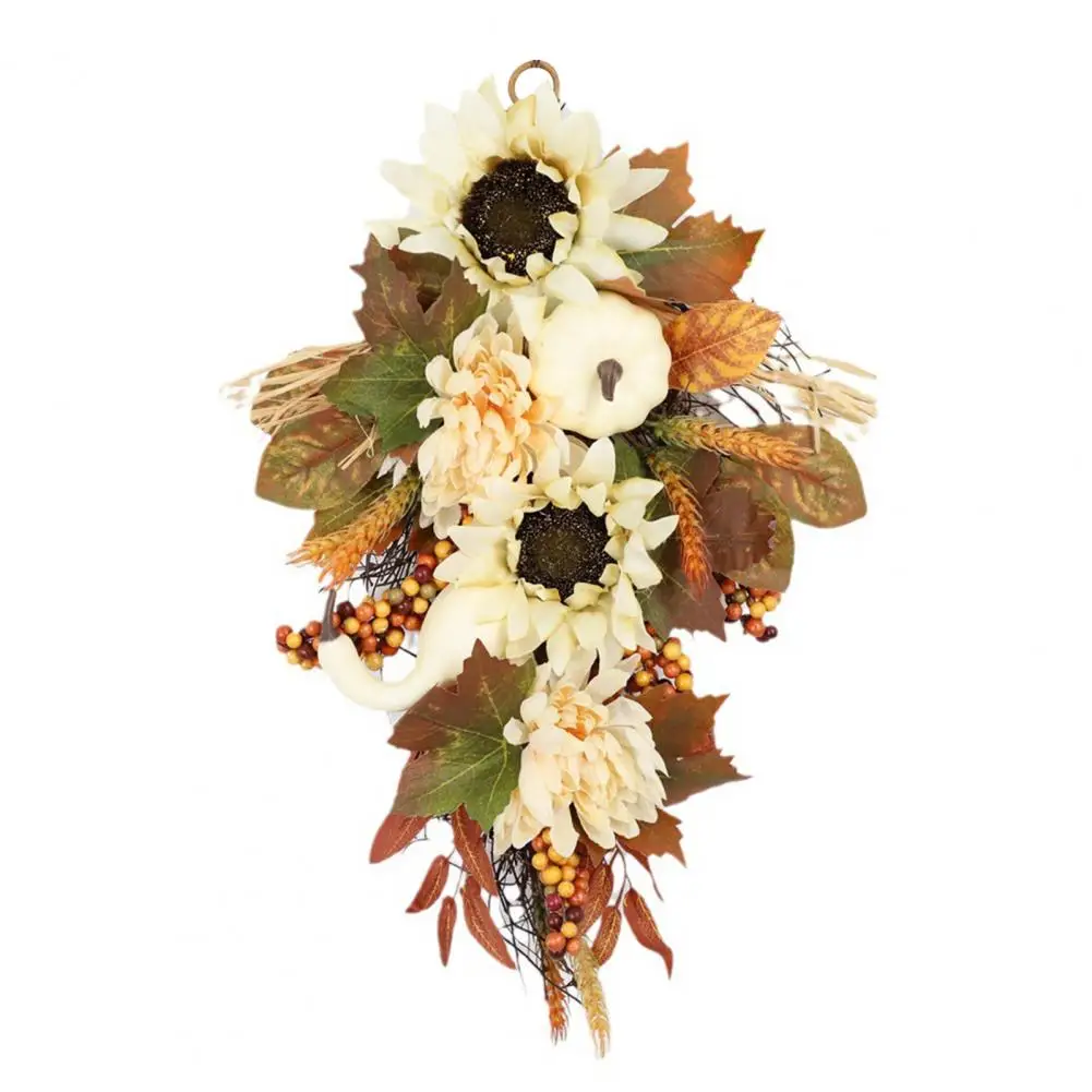 

Fall Artificial Wreath Autumn-inspired Fall Harvest Festival Wreath White Sunflower Pumpkin Maple Leaves for Thanksgiving for A