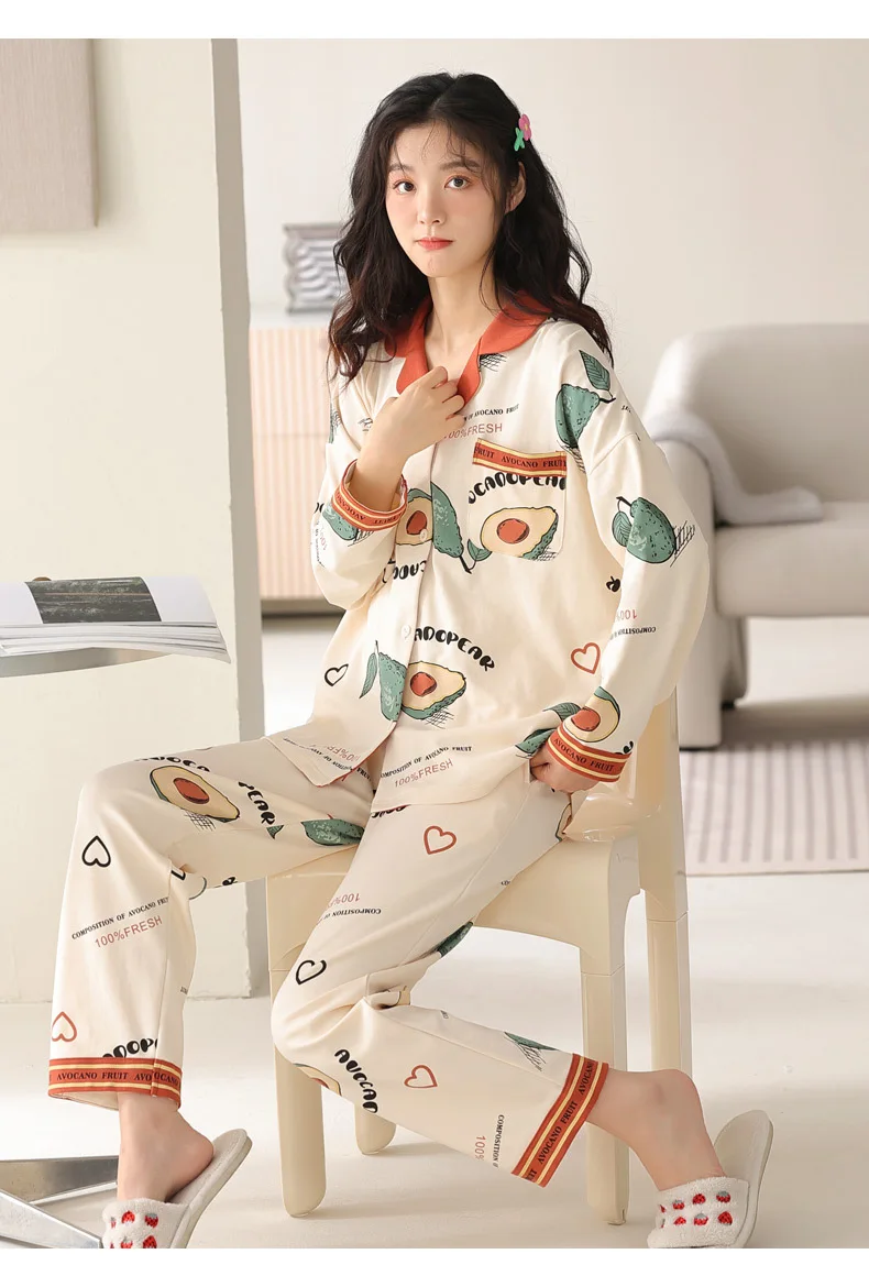 Yasuk Spring Autumn Fashion Women Casual Soft Print Sleepwear Homewear Pajamas With Pants Sweet Fruits Avocados Simple Cotton