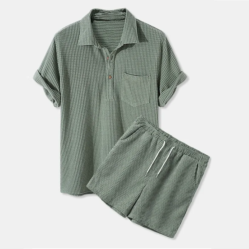 Two Piece Set Summer Loose Waffle Corduroy Short Sleeve Suit Men's Fashion Half Cardigan T-Shirt Shorts Suit Sport Wear