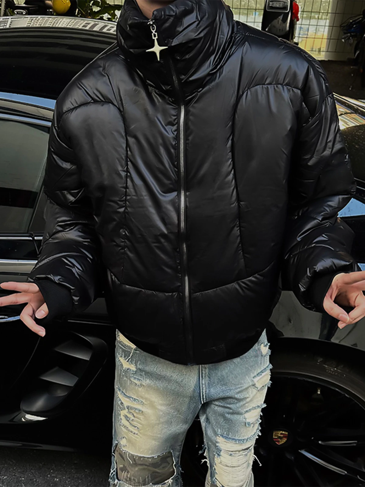 Black American Stand Collar down Coat Men's Cleanfit Winter Trendy Brand Design Short Ruan Handsome Cotton-Padded