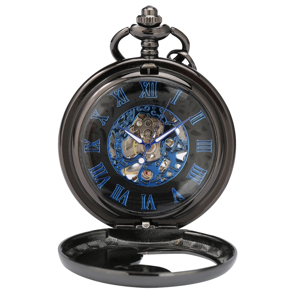 Black Half Wing Royal Blue Roman Numerals Display Dial Hand Winding Mechanical Pocket Watch Vintage Fob Chain Pendant Man Clock