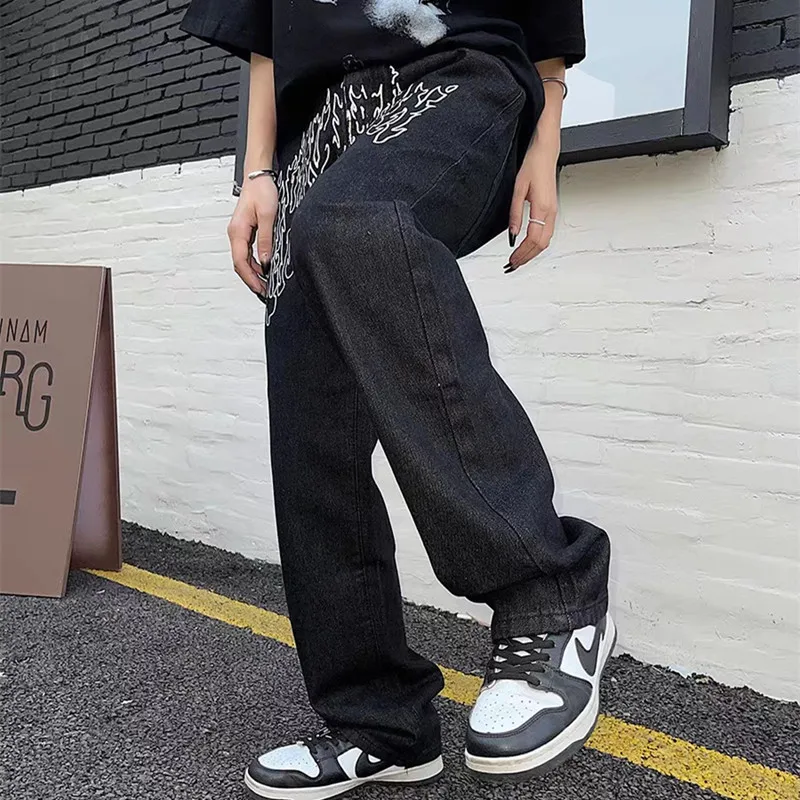 2022 New Fashion Flame Letter Print Streetwear Men Baggy Jeans Pants Straight Hip Hop Black Loose Women Denim Trousers Pantalon