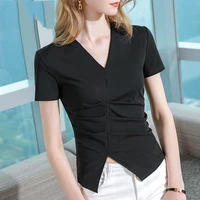 1pcs womens blouses tops 2022 summer fashion cotton blend splicing irregular v neck primer shirt ladies skinny retro sexy shirts