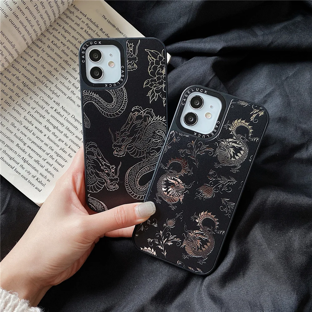Black Dragon Relief Mirror case for iPhone 14 13 Mini 12 11 Pro Max X XS MAX XR 7 8 Plus SE full Protection Phone Cover Coque